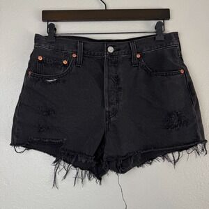 Levis 501 Original Fit High Rise Distressed raw hem Denim jean Shorts Black 29